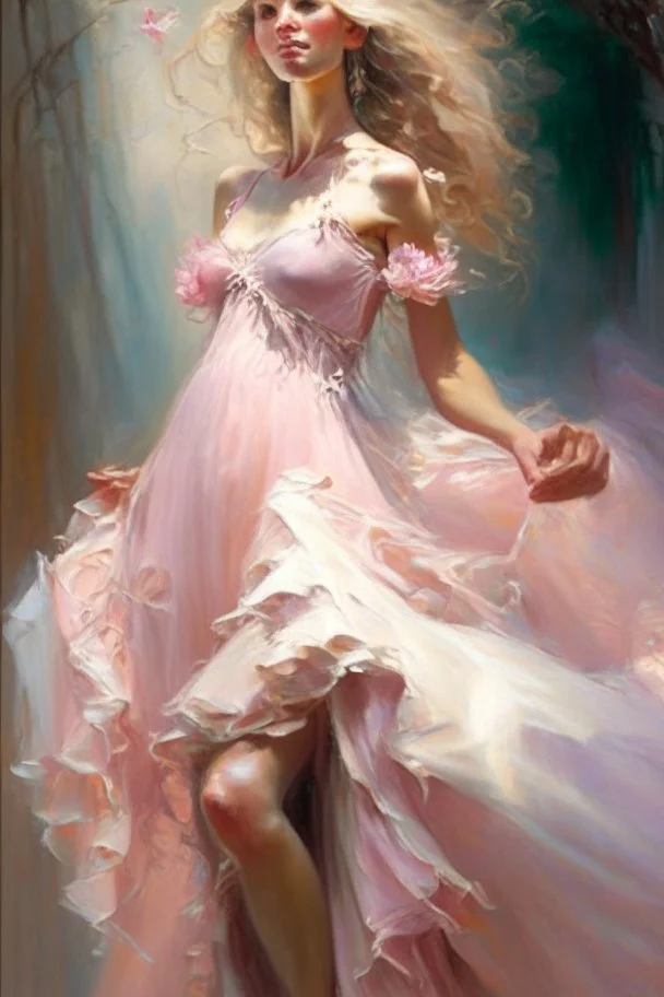 Spring goddess, Portrait of a full visible figure beautiful blond woman wearing a vaporous soft pink tulle dress, fully visible slender legs, beautiful face elegant extremely detailed intricate very attractive beautiful crisp quality Michelangelo Daniel Gerhartz