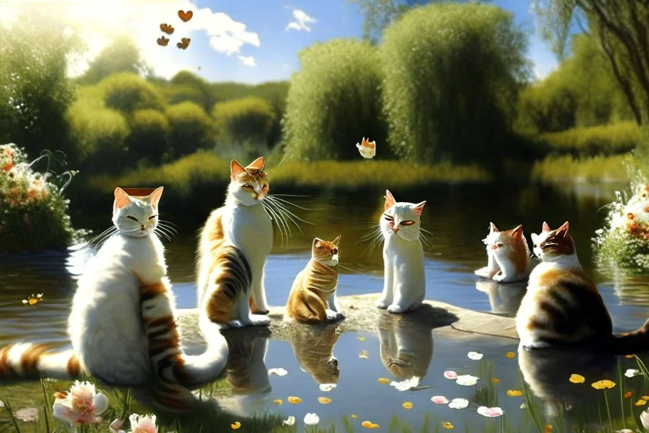 Cat wedding next to a pond in sunshine