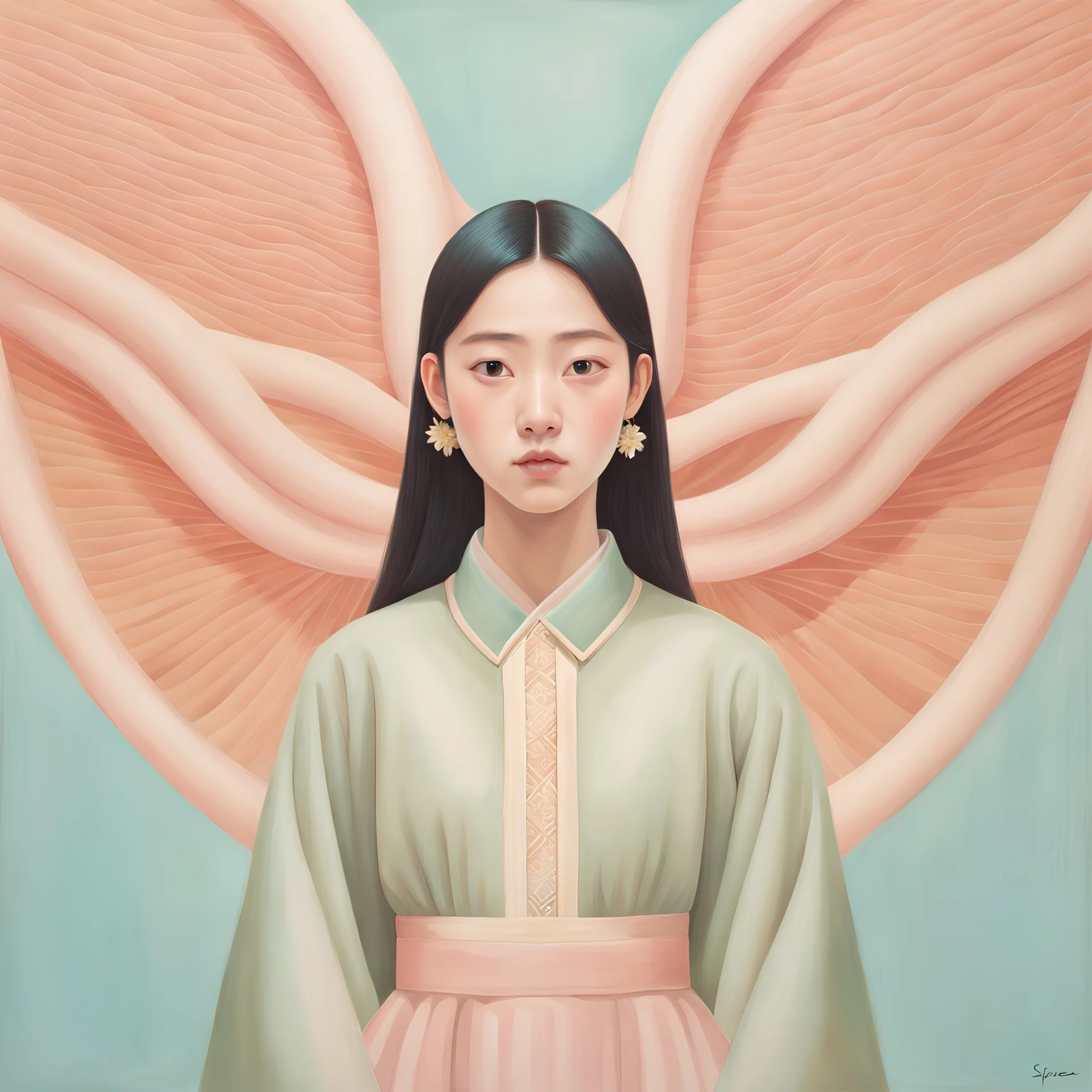 wide shot of a hsiao ron cheng style painting of a Korean idol, perfect facial symmetry, looking straight ahead, natural eye looking at the camera, detailed eyes, realistic skin texture, frontal view, instagram celebrity lookalike, idealized beauty. , natural lighting, pastel background, hip hop aesthetic art style, inspired game illustration, instagram moods, defined expressions, spencer tunick landscape fashion lomography, sarah moon, art nouveau inspiration, surreal paradox, psychedelic, visu