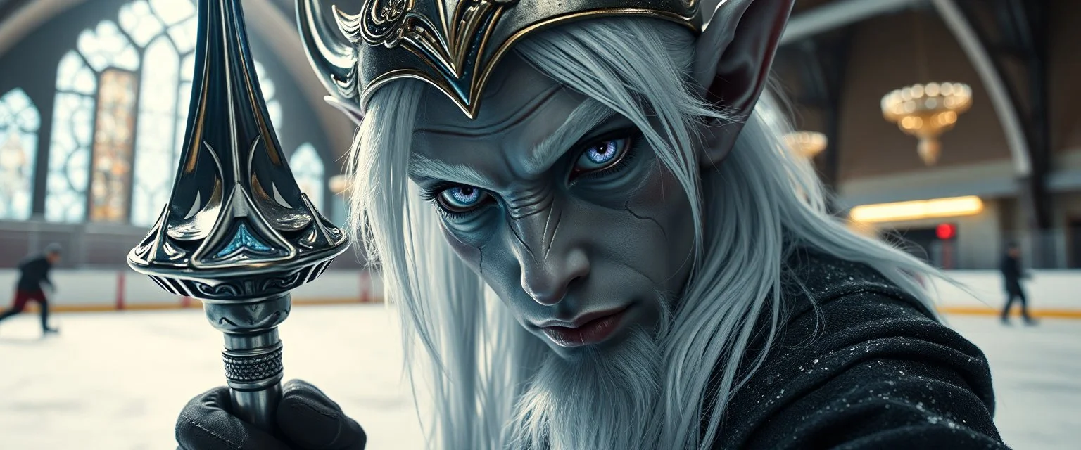 close up portrait of shiny ice priest dark elf with lavender eyes and white silver hair, and with magical aura hockey staff, pin hole cam, master oil painting by Rembrandt, d&d glam rock and glitter vampire gremlin illithid and lich playing hockey in ice skating hall or church, in the style of giger and escher, sci fi with floating little saucers