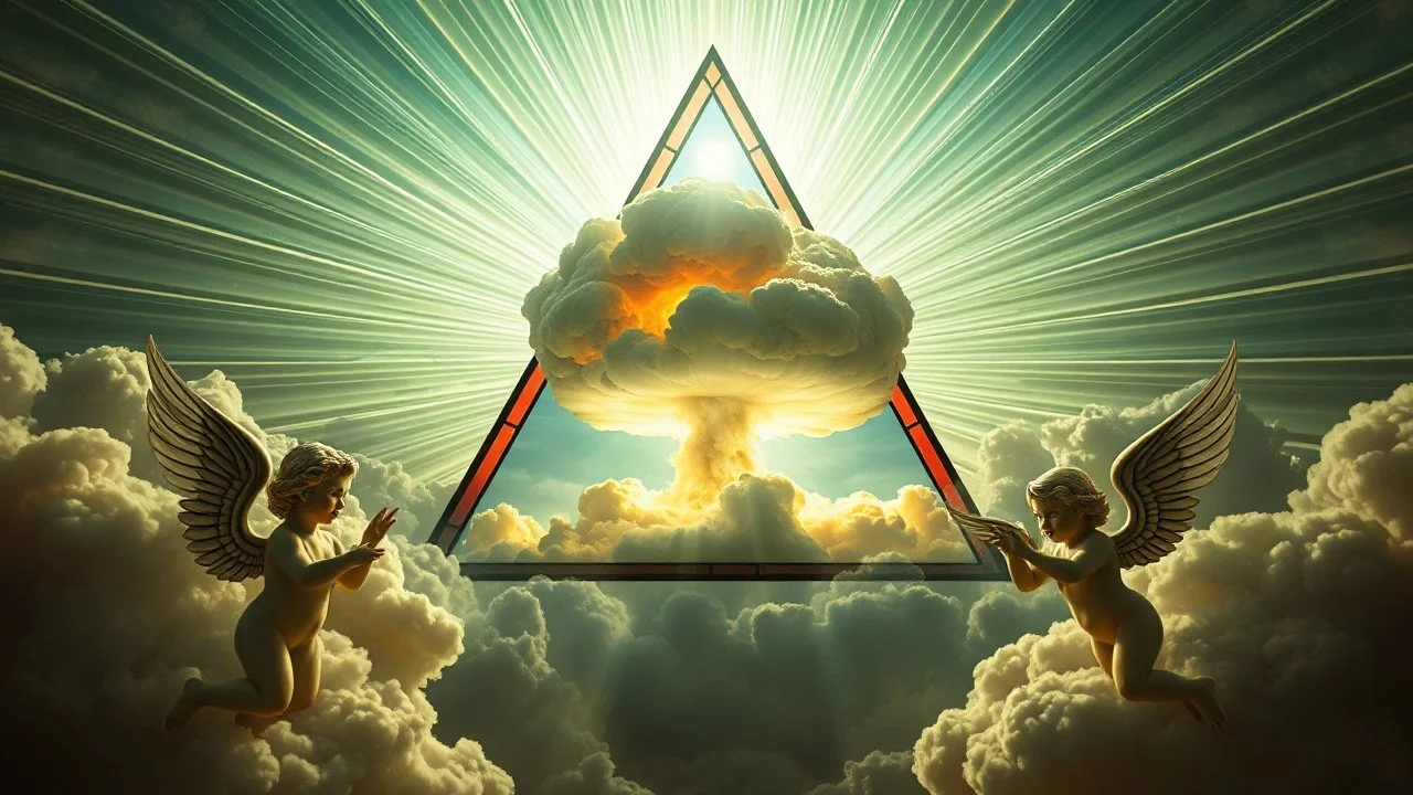 a nuclear explosion cloud(middle) framed from behind by a triangle of stained glass surrounded by radiant lines from the center, the wind and smoke from the explosion forming shapes of attractive dancing women and cherubs with small angel wings(left and right foreground) like cherubs in the clouds, religiose art, angelic light