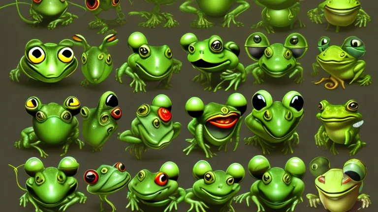 game sprite sheet of 30 images of stylized frog, view from six different angles covering 360°, collection sheet, arcade game, realistic