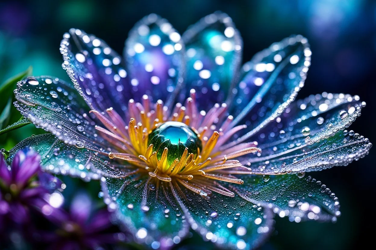 spring dew, macro photo, sparkling magical fantasy, glass flower dewdrop, very detailed, amazing quality, etheral, intricate, cinematic light, highly detailed, beautiful, epic, galaxy fantasy colors, stunning