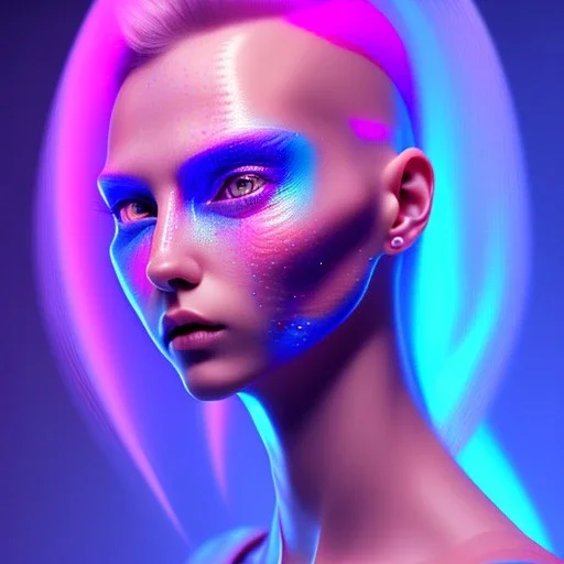 teenager, hyper realistic, cyberpunk style, shaved hair, latex, gradient color, BLUE, PINK, CYAN, neon, insanely detailed, 16k resolution, perfect eyes, cinematic smooth, intricate detail