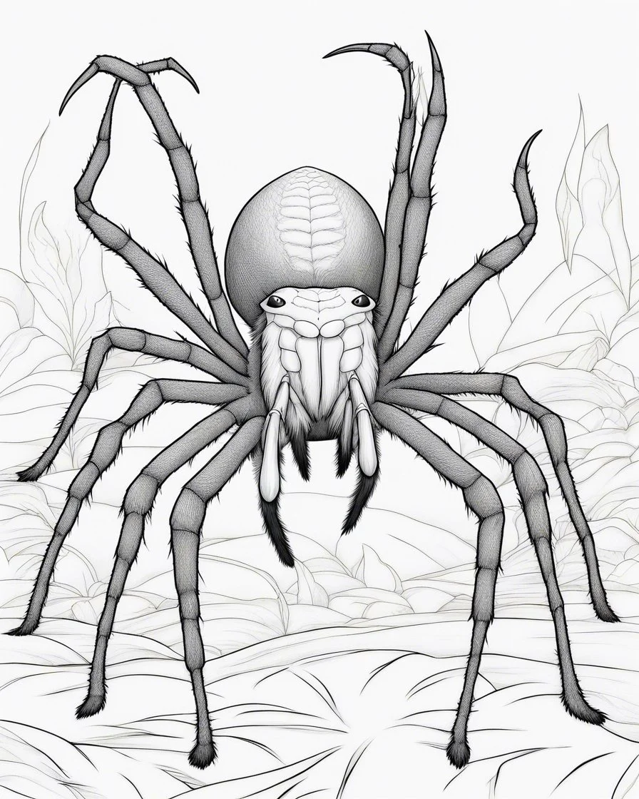 Cartoon outline, Goliath Bird-eating Spider, coloring pages, no color, highly detailed, black and white, white background, highly detailed