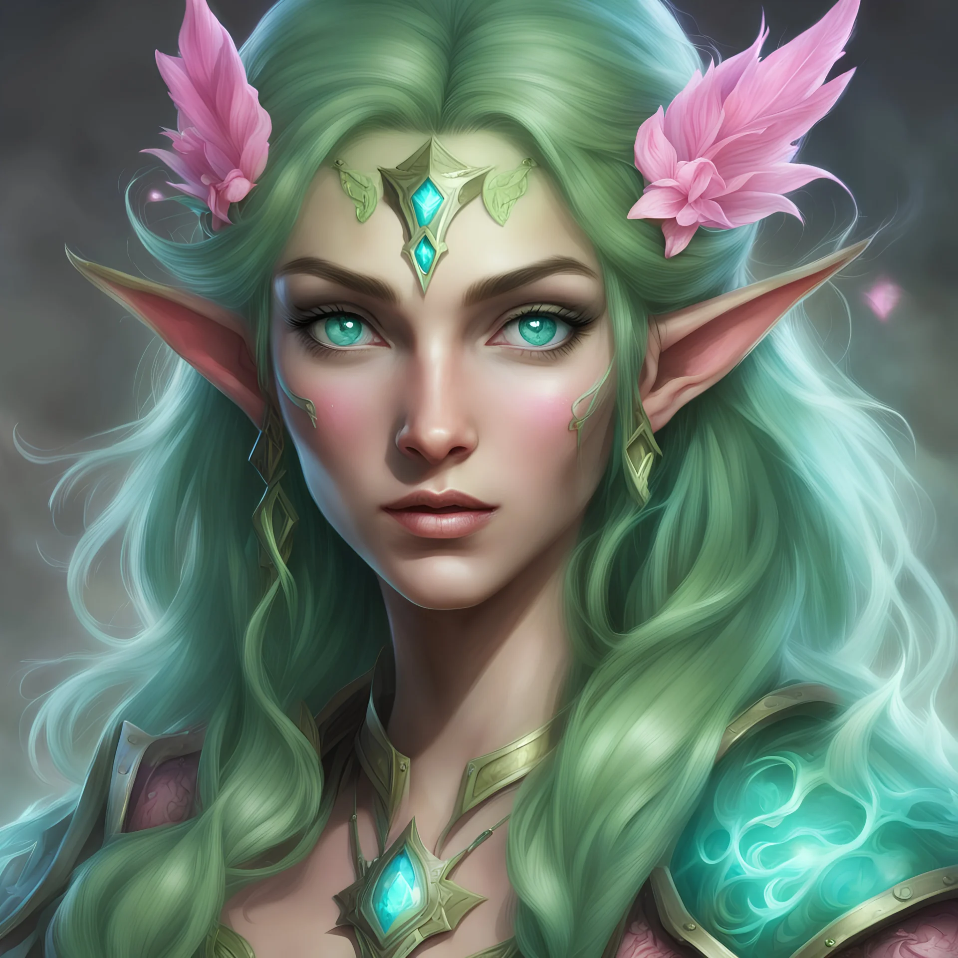 Generate a dungeons and dragons character portrait of the face of a female spring Eladrin. She is a sorcerer with powerful magic who's is dedicated to protecting magical creatures. She cute. She wears . Her hair is light green and voluminous, her skin is light green blue Her eyes are a hot bright pink