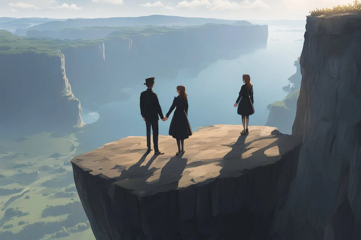 Only one guy and a girl are standing on the edge of a cliff and holding hands