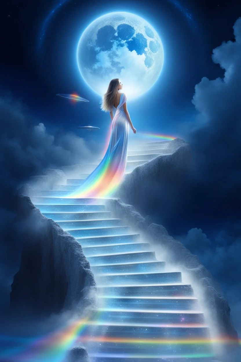 fantastic,Beautiful woman, stairway to heaven whit rainbow, ufos arc en ciel futuriste très beau