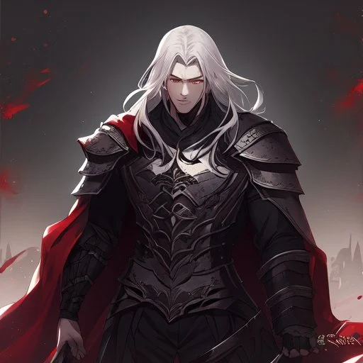 Vampire knight, young man, handsome, long white hair, black full plate armor, red cape