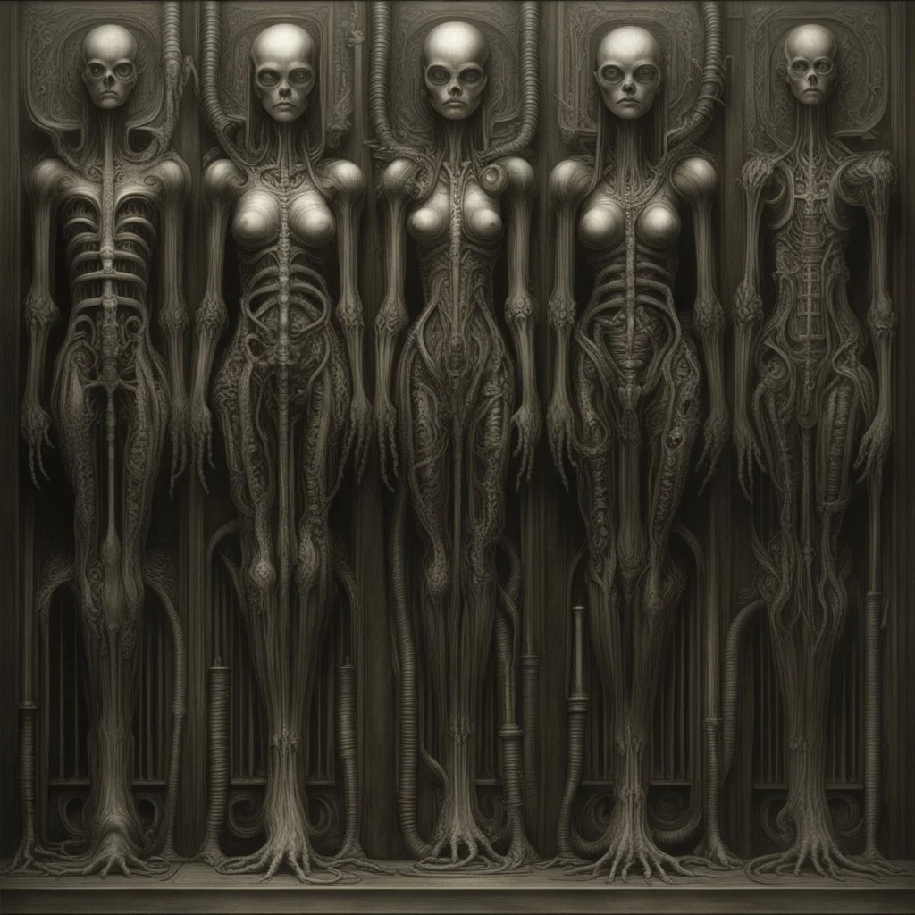 HR Giger's biomechanical art often features dark, erotic, and surreal elements that can be interpreted as having BDSM (bondage, discipline, dominance, submission, sadism, and masochism) undertones. The fusion of organic and mechanical forms in Giger's work can evoke a sense of power dynamics, control, and submission, which are common themes in BDSM. Giger's art, including his famous creation, the biomechanical alien from the "Alien" film series, is known for its sexual and fetishistic imagery.