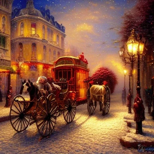 Alex Alemany style, Christmas In Vienna, horse driven vehicle, snow falling,trending on Artstation elegant extremely detailed fantasy intricate rose tones oil on canvas cinematic lighting beautiful dynamic lighting award winning high definition crisp quality colourful hdr acrylic art Thomas Kinkade Magic Realism Fine art America organic shapes ornate maximalist vibrant Ernst Haeckel coherent catherine abel Pablo Rey