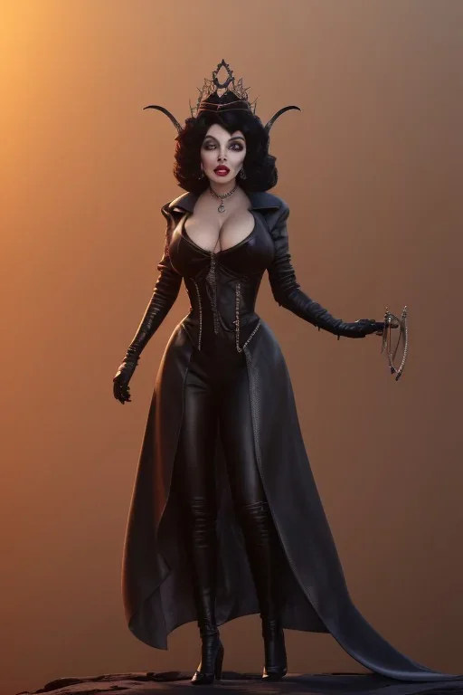 Joan Collins as evil queen in black leather, leather, busty, cleavage, angry, stern look. character design by cory loftis, fenghua zhong, ryohei hase, ismail inceoglu and ruan jia. unreal engine 5, artistic lighting, highly detailed, photorealistic, fantasy