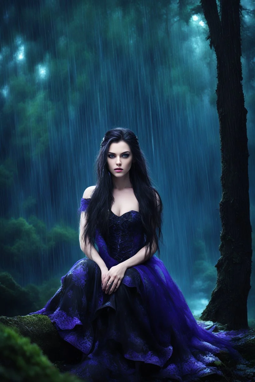 super beauty girl, (amy lee face) good body, blue eyes, black and blue long haired, hair claw clips, black and purple dress, under the rain, wet makeover, intense look, intrincate dretails, hd resolution picture, front view, dark forest background.