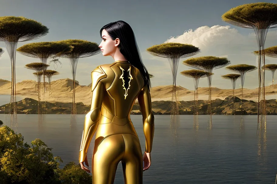 Photorealistic skinny woman with black hair, in a gold and black android suit, standing, looking out over a lake, with flying dandelion heads with octopus tentacles, with tall narrow cloud trees in the distance