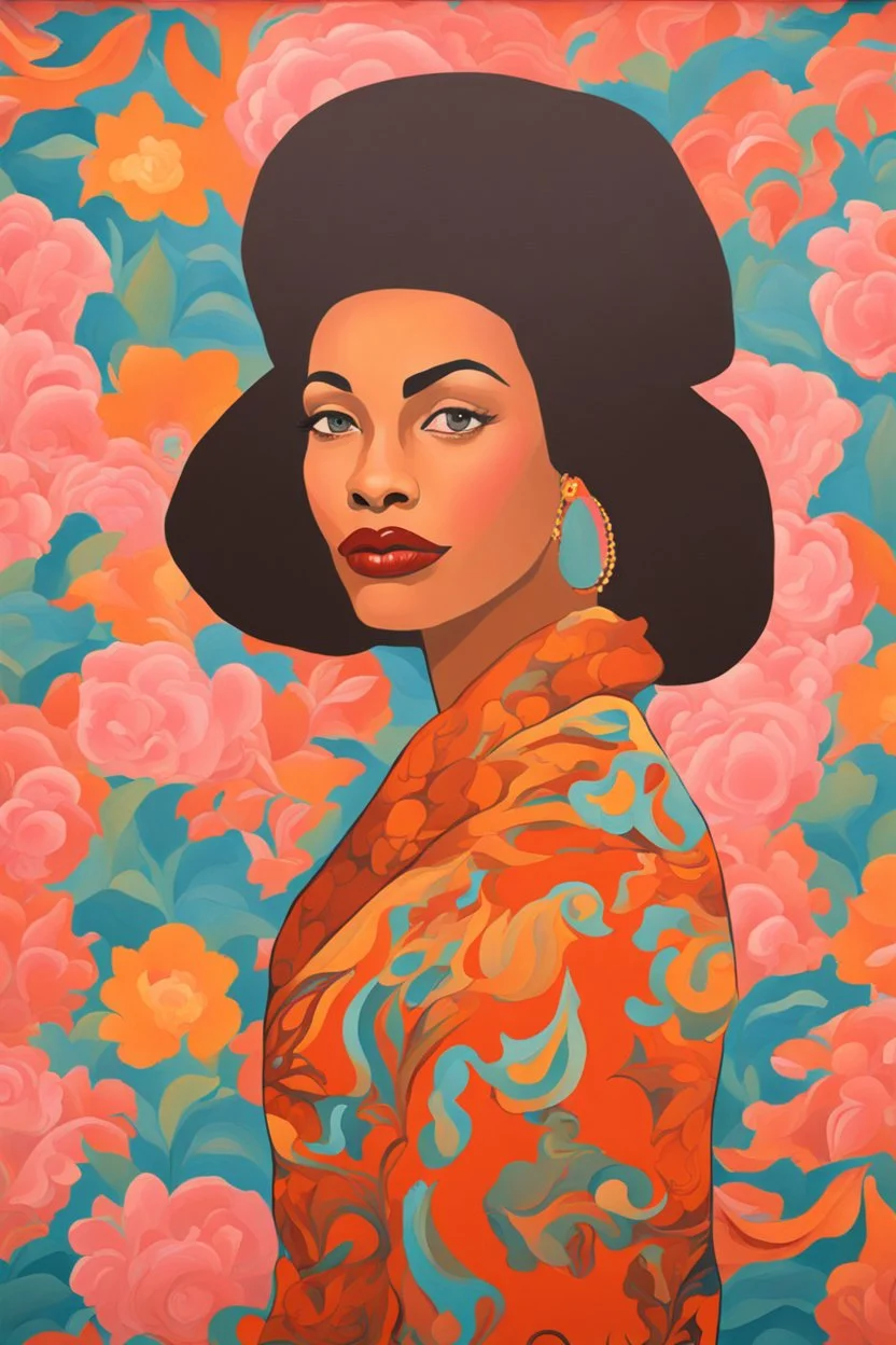 A portrait painting of a woman with vivid wallpaper by artist "Lois Mailou Jones"