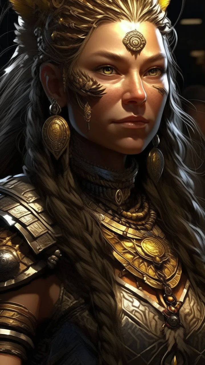 female kalashtar from dungeons and dragons, barbarian class from dungeons and dragons, long and dark hair bound in intricate braids adorned with small feathers and beads, bronzed skin, amber eyes flecked with silver, armor adorned with trophies and tokens such as furs, bones, feathers, and intricate tattoos, realistic, digital art, high resolution, strong lighting