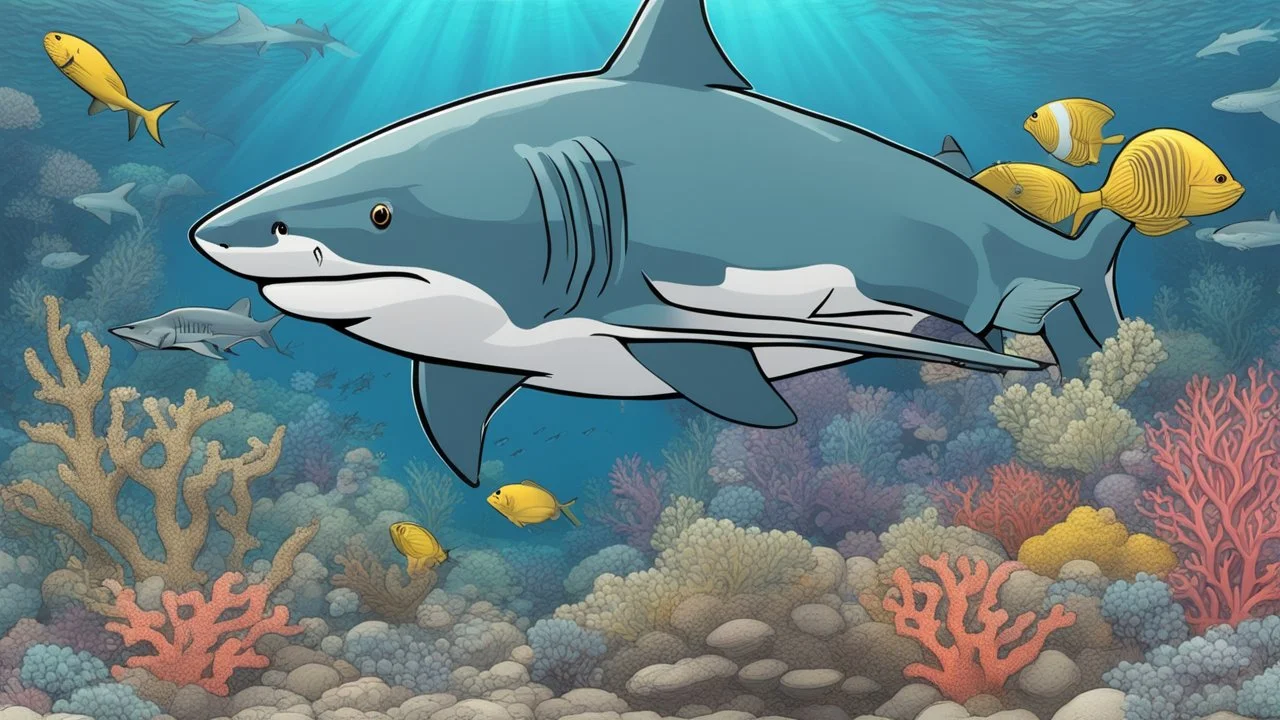 comic style, realistic coloring, underwater, coral reef, shark
