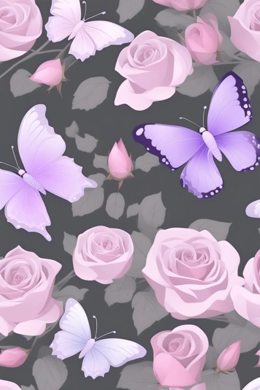 Light pink and light purple butterflies in the snowy winter with roses
