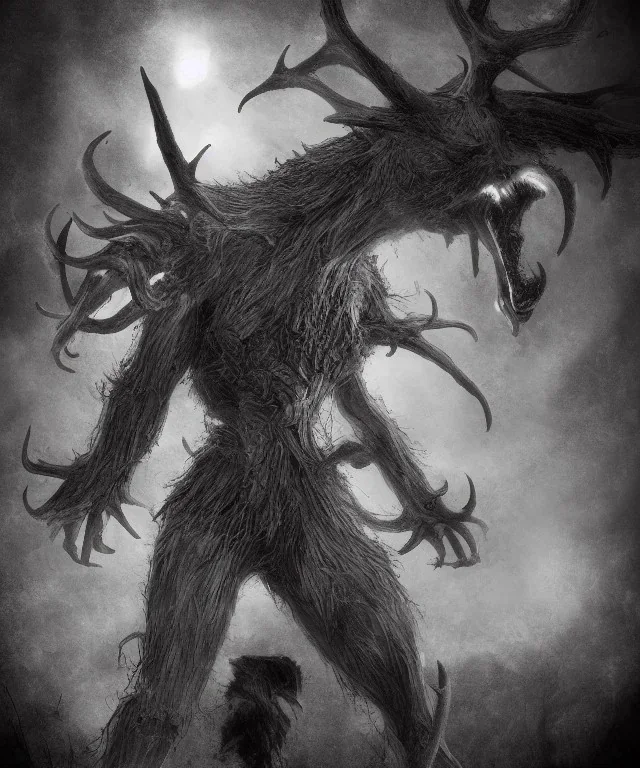 A humanoid figure monster full body shot zoomed out focus 8K horror frightening with antlers, highly detailed digital art, sharp focus, trending on art stations Kentaro Miura manga art style artgem pixar