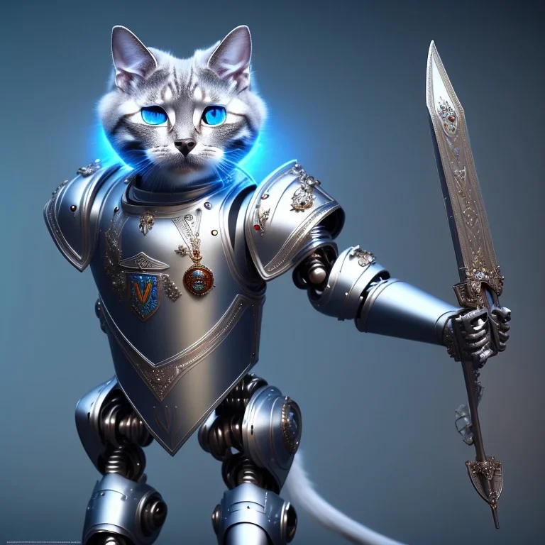 a cat-like robot with blue eyes wearing a medieval armor, high detail, photo, 8k, ray-tracing