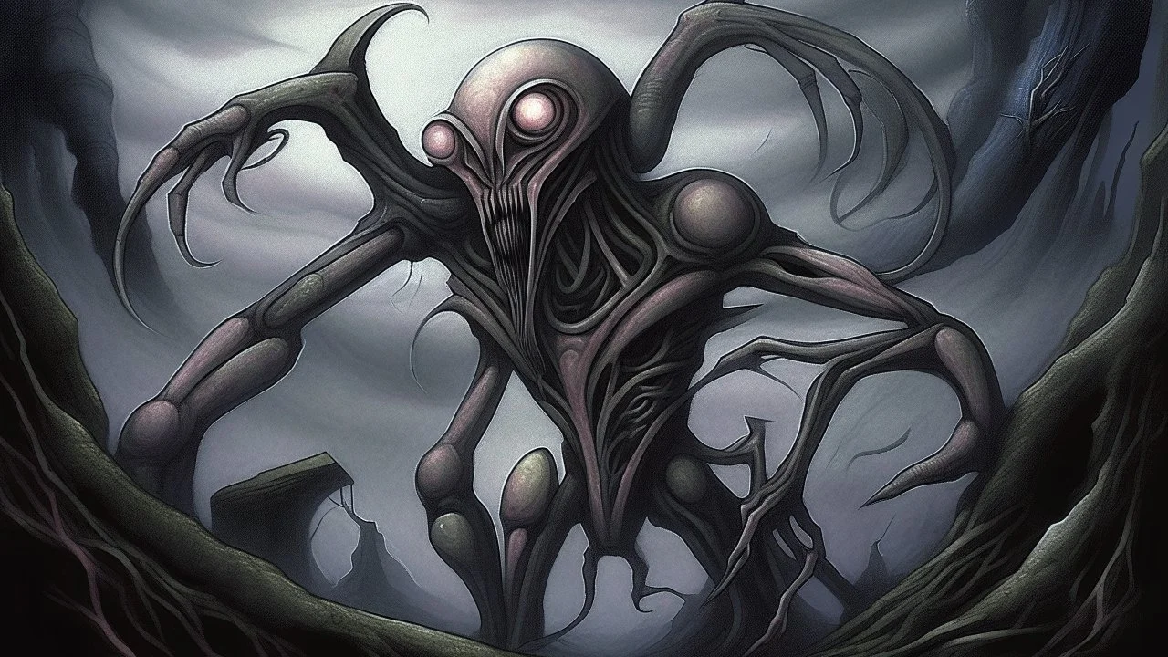 A surreal, nightmarish creature with a humanoid body, dark skin, and multiple limbs and appendages emerging from its torso. The creature appears to be in a state of distress or transformation, with a contorted, unsettling expression on its face. The background is a hazy, dreamlike landscape with hints of clouds or mist