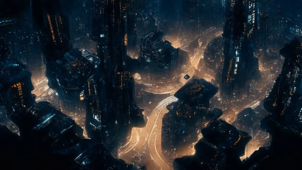 dark cyberpunk city from above the sky, comic style