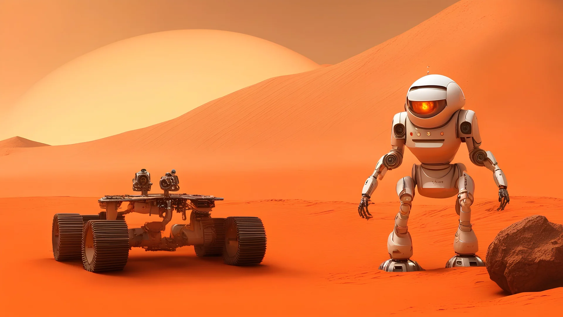 pioneer robot on mars exploring a giant orange mountain during a sandstorm,