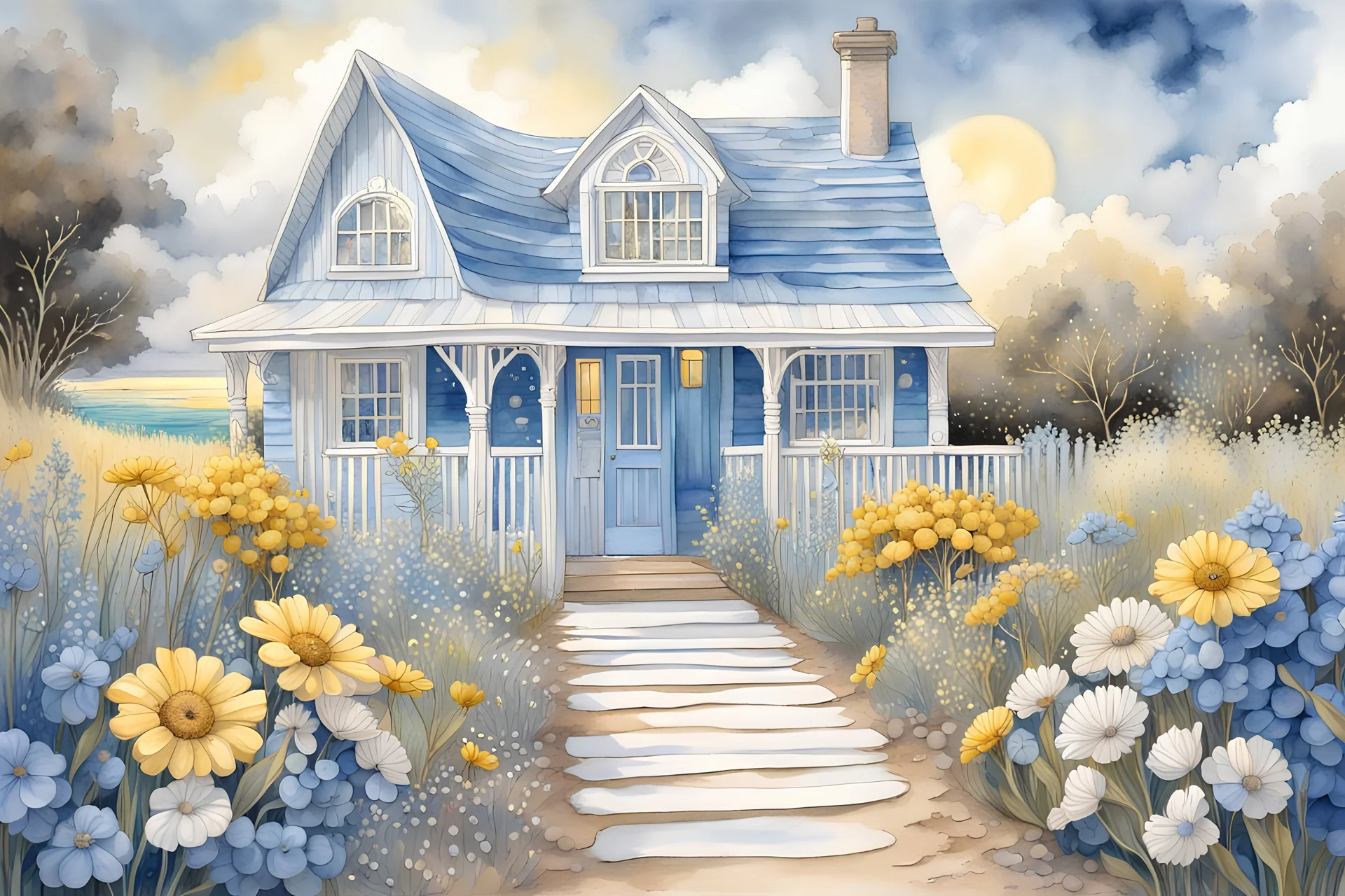 cottagecore, cozy aeaside cottage, blue wooden slats outside, white ornate Victorian trim and white wooden porch, path to the cottage steps made of crushed white shells, cottage surrounded by a richly flowering garden, sand dunes on the horizon, shafzs of yellow sunlight shining through dramatic, blue-gray clouds. Nostalgic, beautiful, watercolor zentangle print.