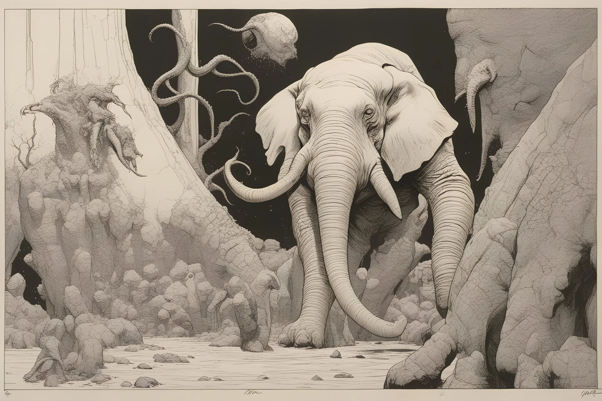 Inking art, Jean Giraud Moebius, John Romita, Milton Caniff, Alex Raymond, John Buscema, An alien beast that looks like a cross between an elephant and a rhinoceros, a snake, and a mantis.