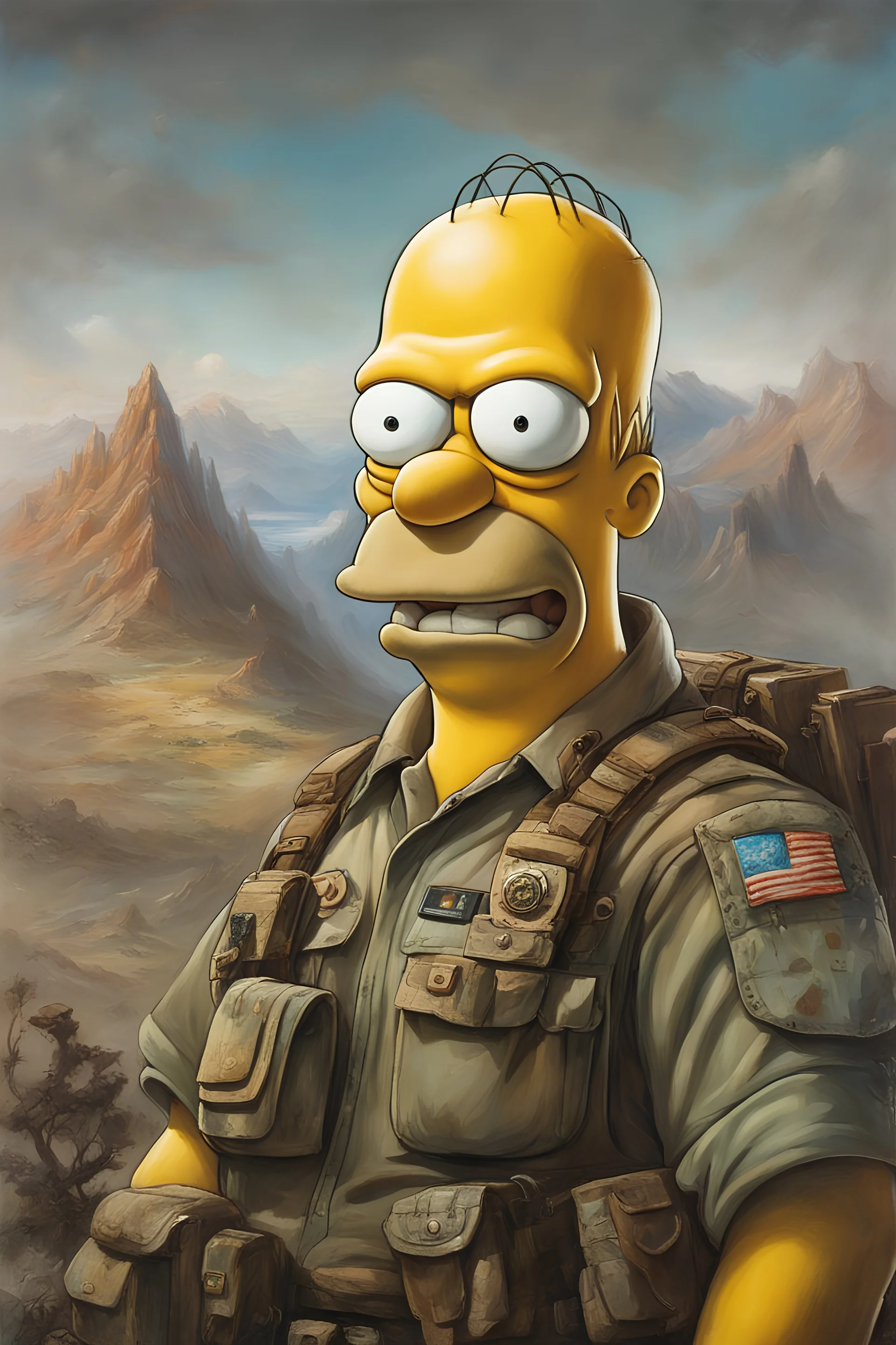 Homer Simpson, Wearing An Army Shirt, Mountain Backdrop, Creepy Smile, Expressive, 1980s, Detailed Face, Oil Painting, Heavy Strokes, By Jean Baptiste Monge, By Karol Bak, By Carne Griffiths, Masterpiece, Unreal Engine 3D; Symbolism, Colourful, Polished, Complex; UHD; D3D; 16K", Full Color Painting, Low Contrast, Soft Cinematic Light, Exposure Blend, Hdr, Front, 8k