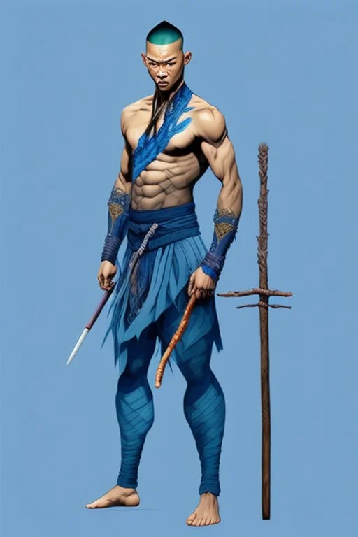 A young male water genasi with deep blue skin color, water shape hair on head. Shaolin monk with long stick weapon, kung fu master, martial art