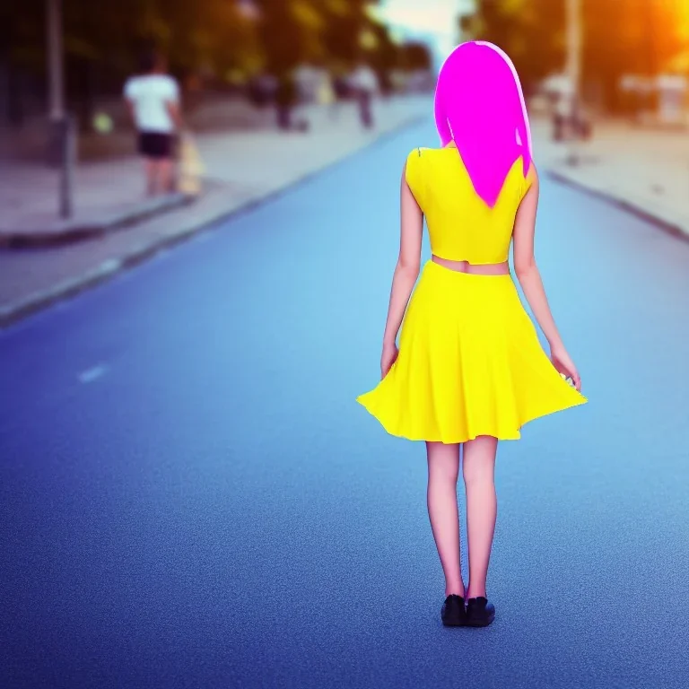 Beautiful lonely girl who walks along a street without people at dawn. You see her from behind. She short wears very short yellow dress, long legs. She has short pink hair with glowing crystals. Full body, 8k resolution concept art. Professional Photo HD. Stylish. Warm vivid colors. Panoramic