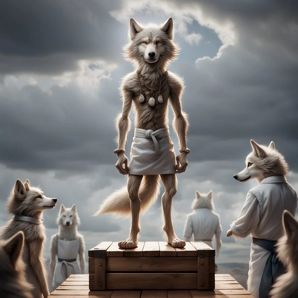 stands on top a wooden box a thin, young sad anthropomorphic wolf in full body hair with autentic wood-bone necklace hanging in his neck and in white belt , front him two older anthropomorphic wolves white Chef's Bib Snap Apron look at him, stormy sky, in blur background more different anthropomorphic wolves stand in body hair and looking them , realistic, detailed, cinematic, sci-fi, digital art, fantasy mood