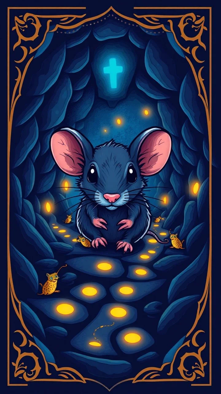 blue and black "Card front, rat portrait, cute,featuring a mystical dungeon design with glowing trails, tiny cartoon rats exploring paths, whimsical fantasy vibe, glowing runes, vibrant and colorful, symmetrical layout, polished illustration style."