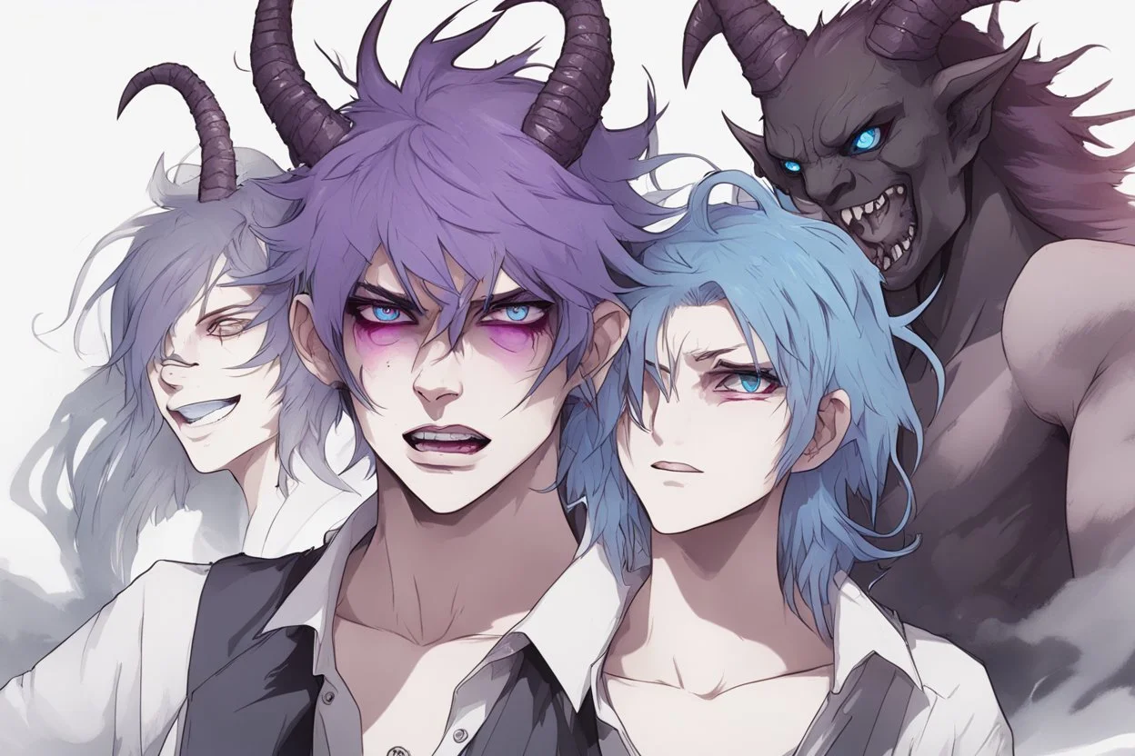 Young man with demon horns, fangs, messy purple hair and blue eyes