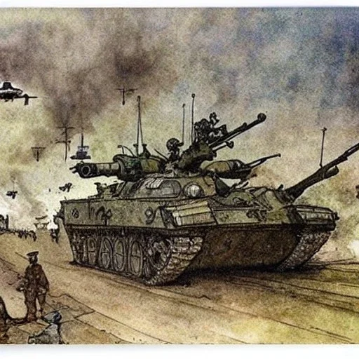 Russian invasion of Ukraine, Mariupol, by Arthur Rackham, tanks, drone