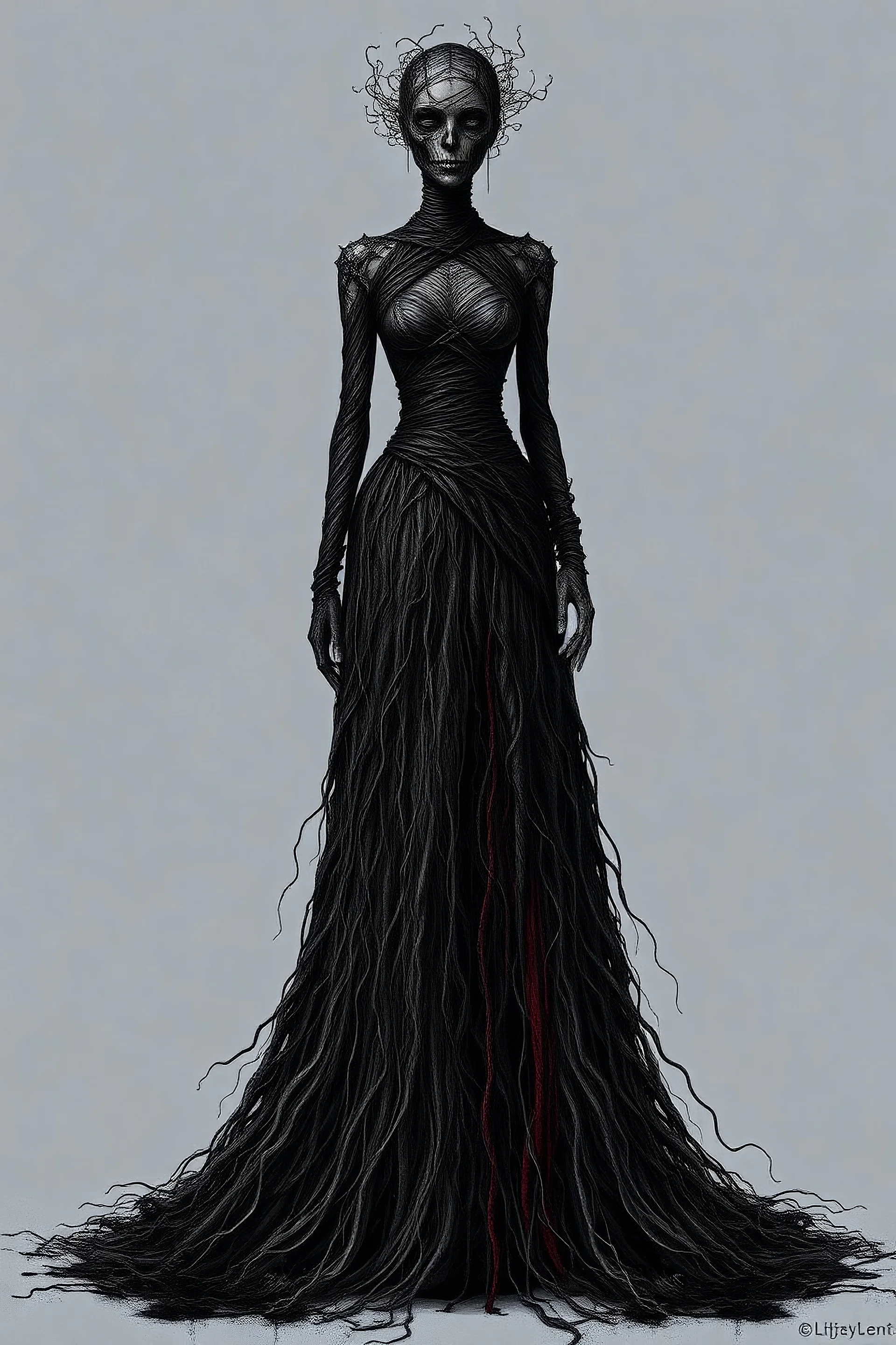 A conceptual fashion illustration of a couture gown inspired by dark surrealism. The dress is made of twisted metal-like threads, cascading textures that resemble melting ink, and a haunting silhouette that evokes mystery and melancholy.