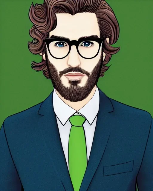 Fit man in round glasses, wavy hair, stubble, slim, tie, monotone, green eyes, comic book style, two tone colours, detailed, ink, realistic, handsome, square jaw, big brows, no jacket, bird on the shoulder, spotlight