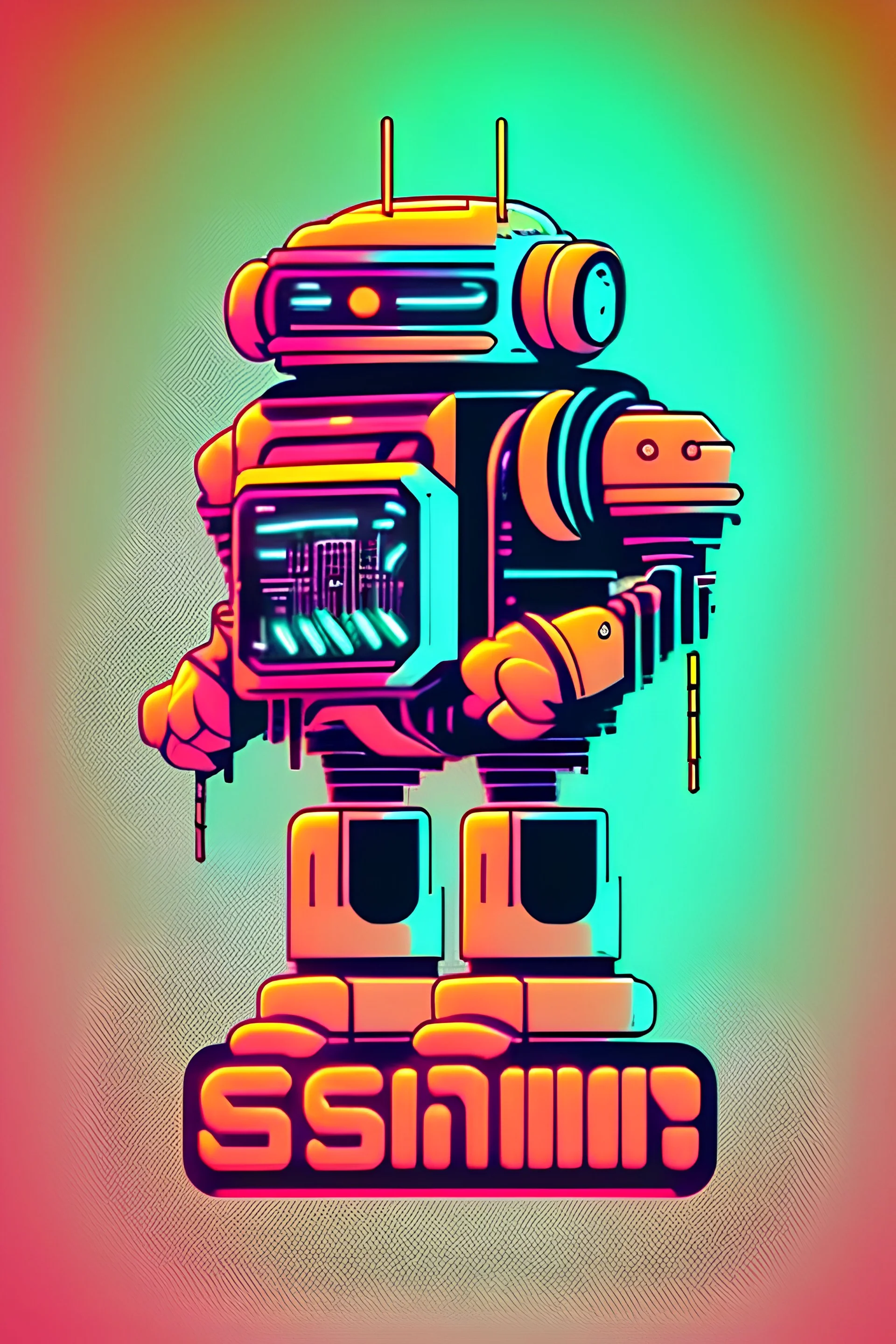 "Design a retro 80s-inspired science fiction robot logo. Craft a nostalgic, yet futuristic robot character with a touch of neon and pixel art influence. Embrace the sci-fi aesthetics of the era, combining the charm of vintage technology with a hint of cyberpunk for a timeless logo design."