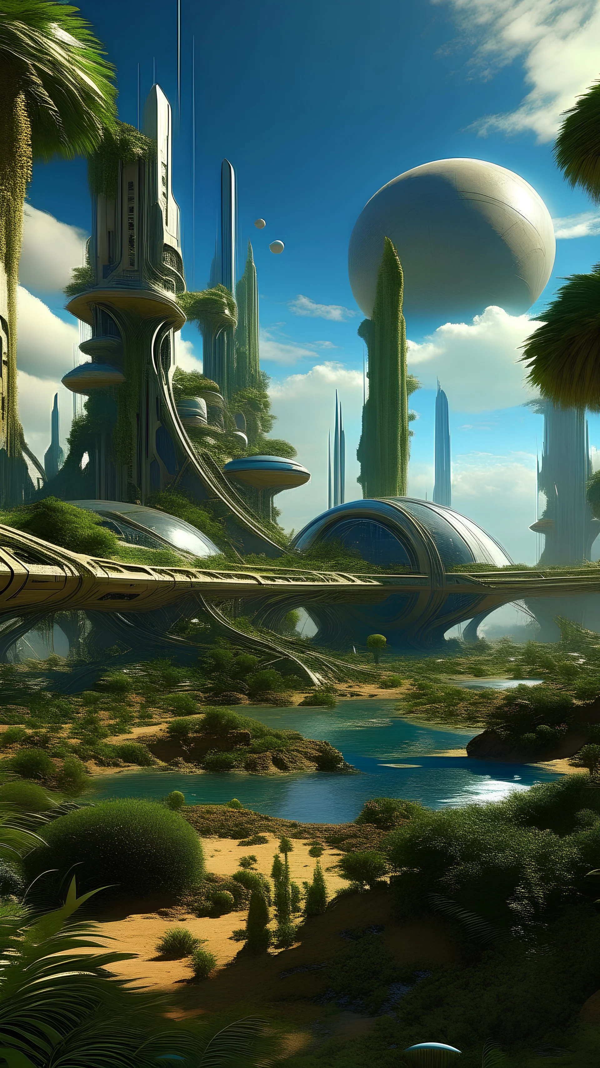 sci fi planet, tall smooth oasis city, gardens