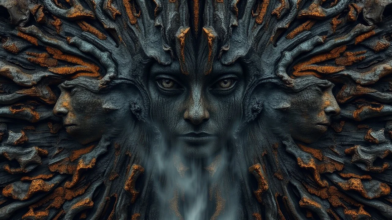 Photorealistic gorgeous point-symmetrical shot of dark slab of bark texture with many ancient female elven goddess faces shaped in the bark. Mist rising from the lower part and across the width of the image. forgotten realms fantasy style by lee jeffries, otherworldly, in the style of fantasy movies, shot on Hasselblad h6d-400c, zeiss prime lens, bokeh like f/0.8, tilt-shift lens, 8k, high detail, smooth render, unreal engine 5, cinema 4d, HDR, dust effect, vivid colors