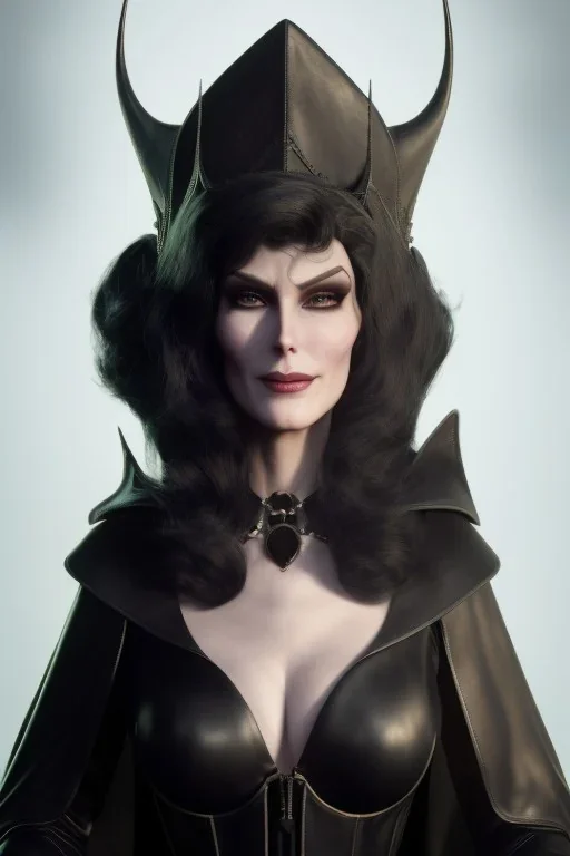 Carmen Dell`orifice as evil queen in black leather, leather, busty, cleavage, angry, stern look. character design by cory loftis, fenghua zhong, ryohei hase, ismail inceoglu and ruan jia. unreal engine 5, artistic lighting, highly detailed, photorealistic, fantasy