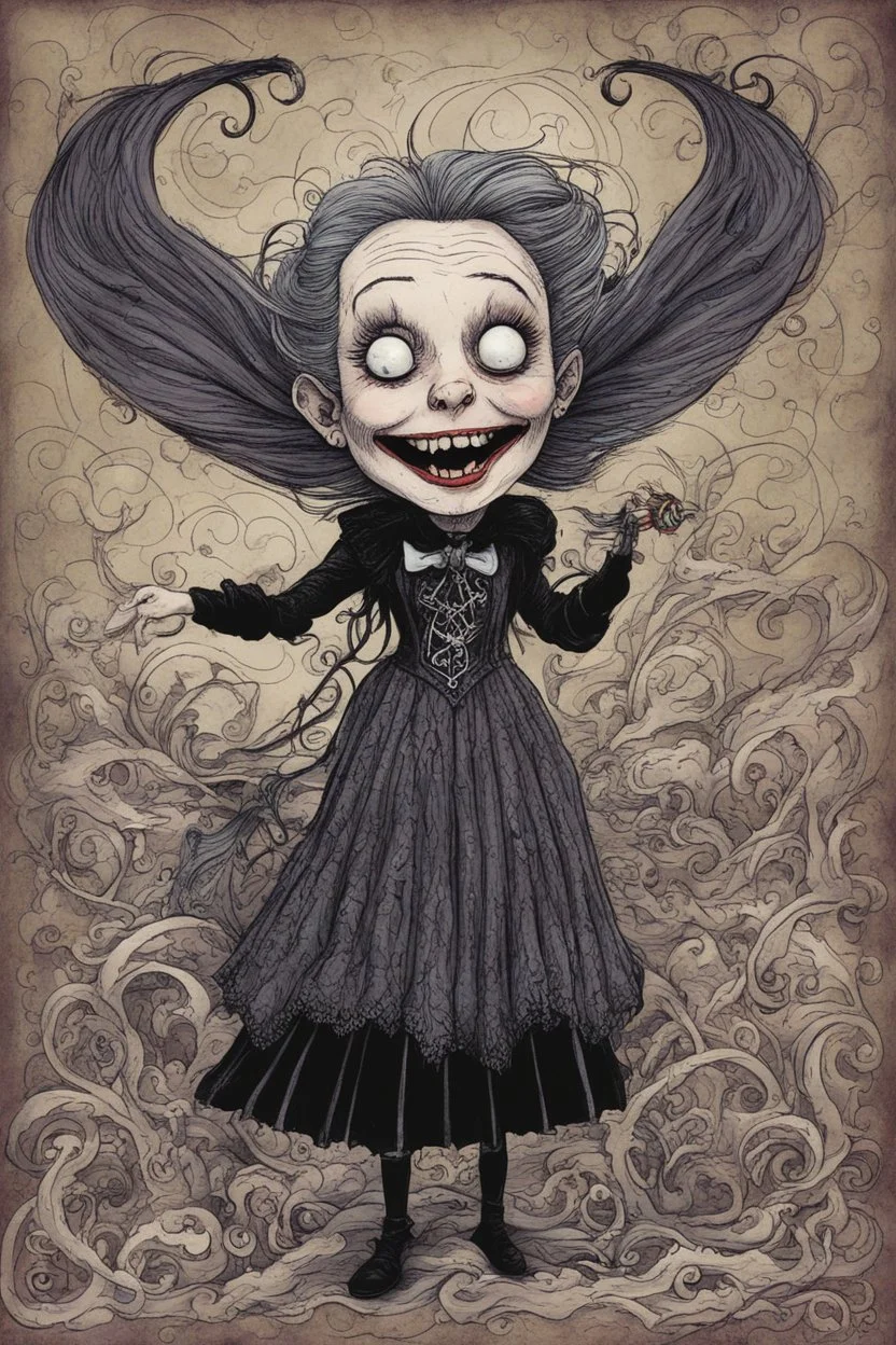 a cartoon illustration of a schizophrenic goth vampire girl , in the cartoon style of Lynda Barry , Ernie Pook's Comeek, , museum quality masterpiece