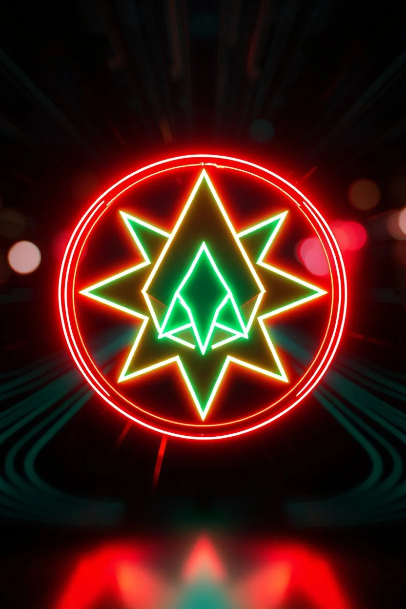 extremely sharp hypnotic suggestive symbol in front of depth of field neon google effect