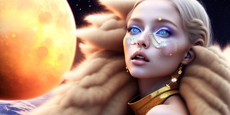 brown eyes, laugh, blonde sophie hennie cute young woman singing at saturns europa moon, golden jewelry, ice cold, winter, magnificent, majestic, highly intricate, incredibly detailed, ultra high resolution, complex 3d render,renaissance painting