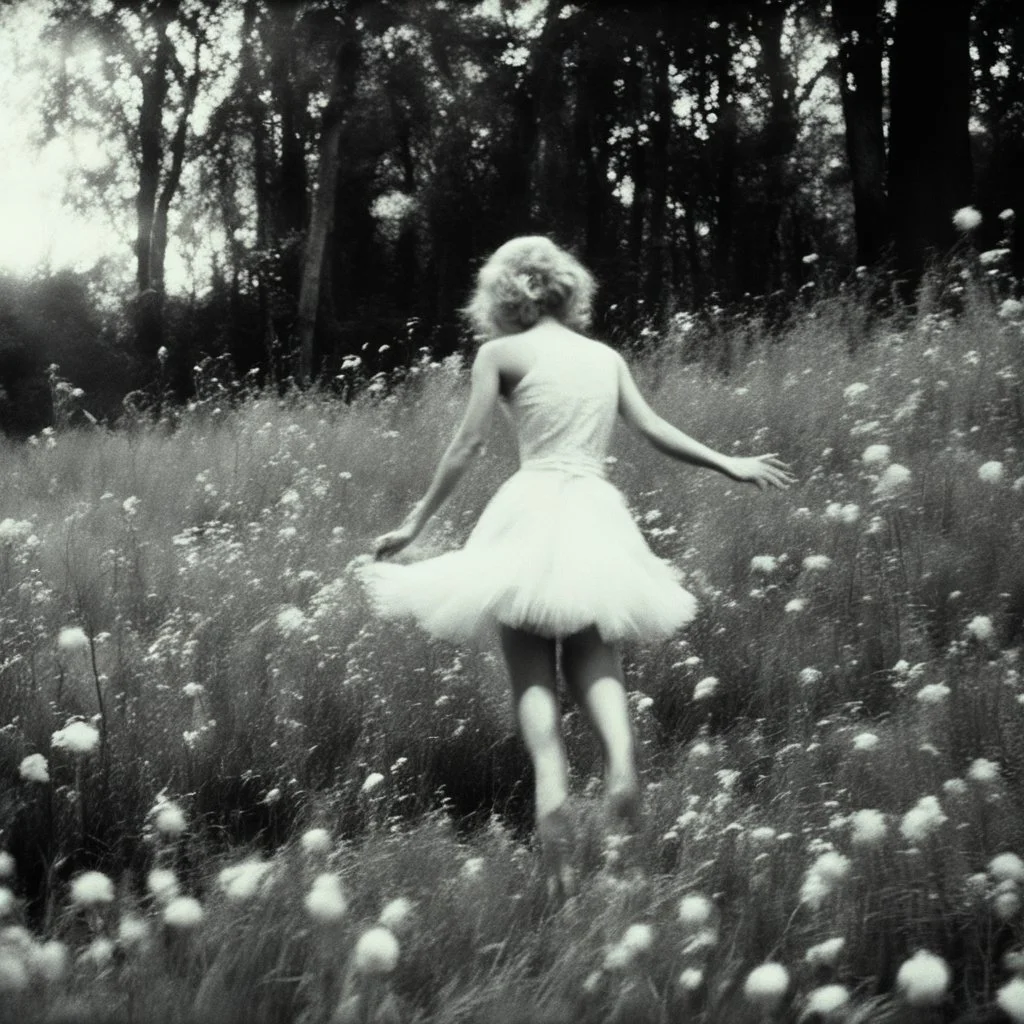 The exuberance of the faerie poised on hands and knees for the dance in cotton agent provocateur [vintage style noisy scratches glitches, Shot the texture and then rewound the film and double exposed from a 1970 Italian VHS movie]