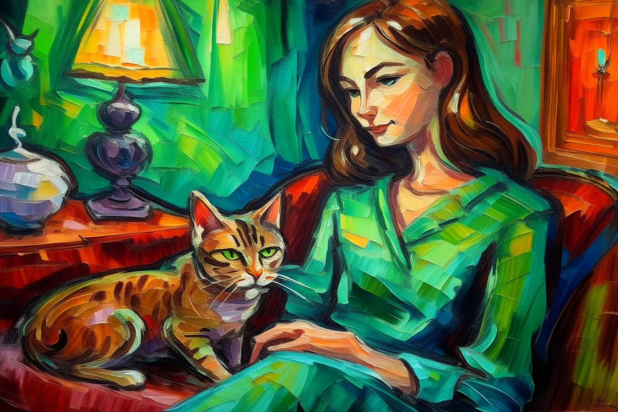 impasto, hard plastic strokes, closeup, night, light brown haired woman with cat on sofa in an elegant room S<AI in tiffany lamp light Weight:1 neo-impressionism expressionist style oil painting, smooth post-impressionist impasto acrylic painting, thick layers of colourful textured paint Weight:0.9