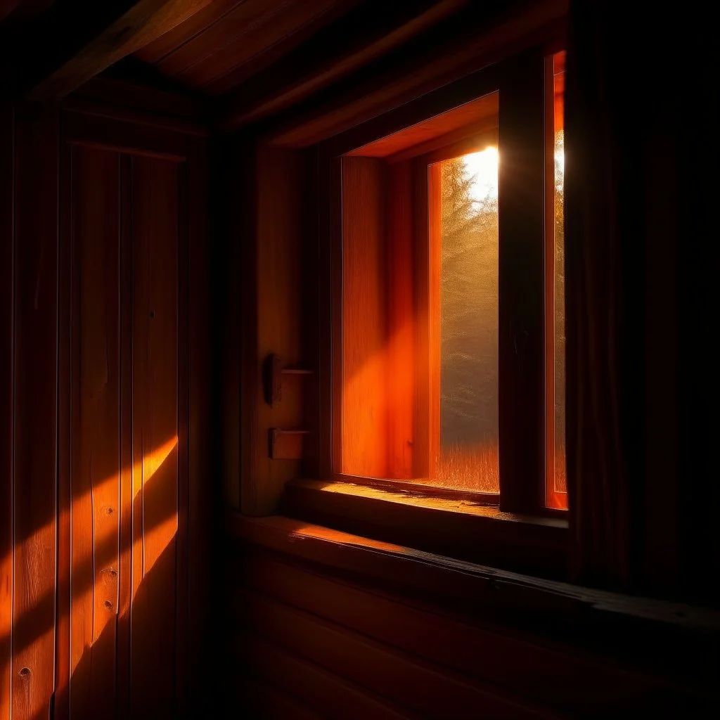 atmospheric deep orange light coming through a cabin window