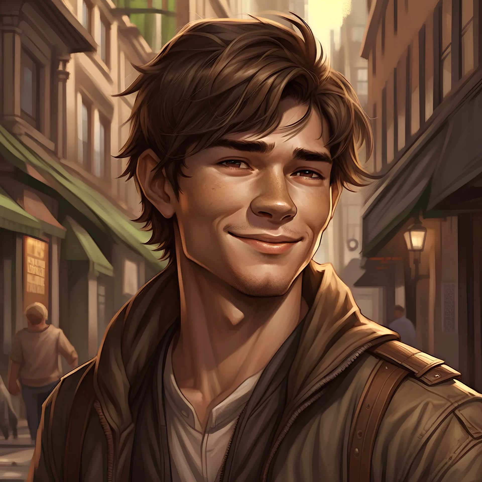 DND lean young male half-elf charlatan short cut brown hair smirk clean face city streets background