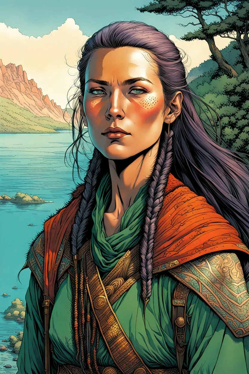 create a full body portrait of a fair skinned female nomadic tribal mercenary with highly detailed, delicate feminine facial features, inhabiting an ethereal Northern forested fjord land of pristine blue waters, in the comic book style of Jean Giraud Moebius, David Hoskins, and Enki Bilal, precisely drawn, boldly inked, with vibrant colors